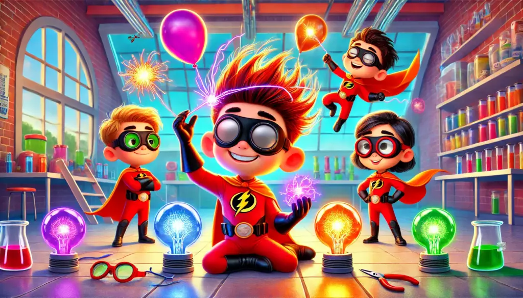 dall·e 2025 08 21 08.32.16 a vibrant pixar style digital illustration of a group of original cartoon children dressed as superheroes in red costumes with black gloves, boots, ey