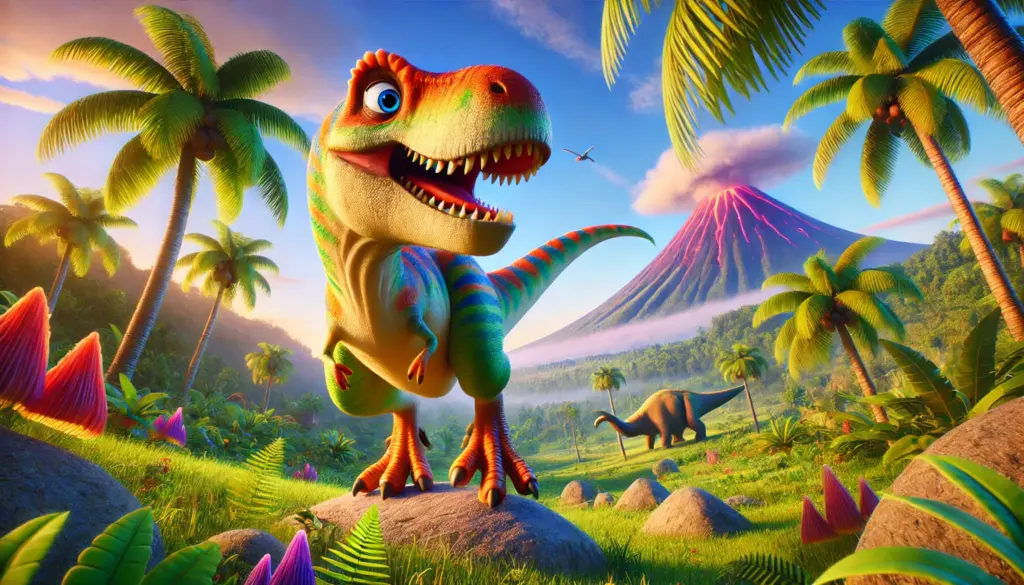 dall·e 2025 08 22 10.49.09 create a horizontal pixar style 3d animated illustration featuring a friendly, colorful t rex dinosaur as the main character. the t rex should be larg