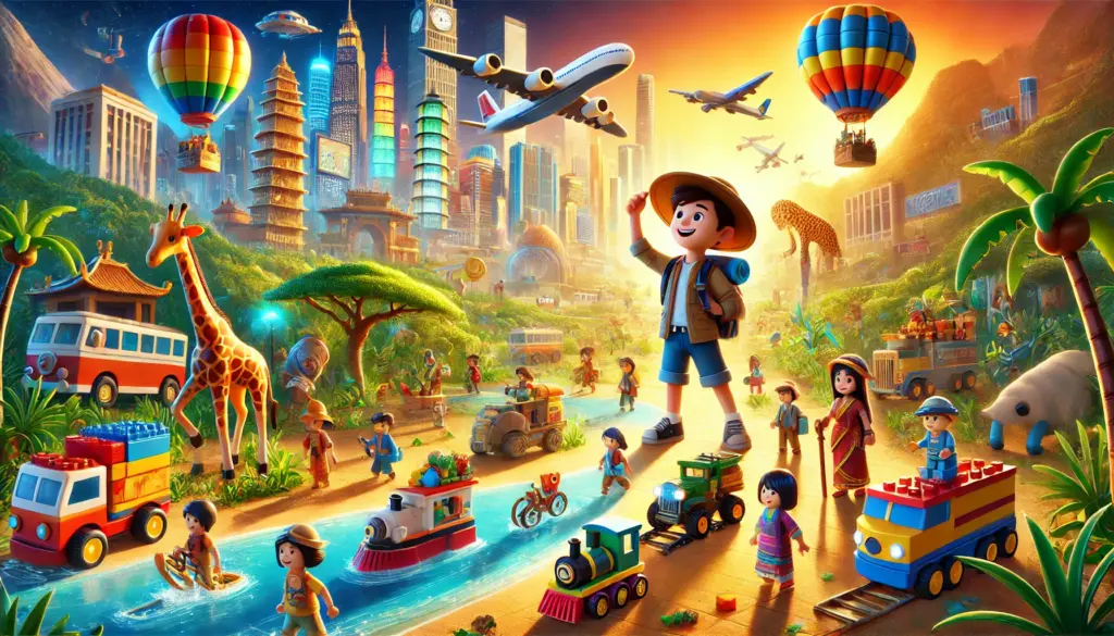 dall·e 2025 08 22 11.31.25 create a horizontal pixar style 3d animated illustration showing children embarking on a colorful journey around the world, but this time they are pla